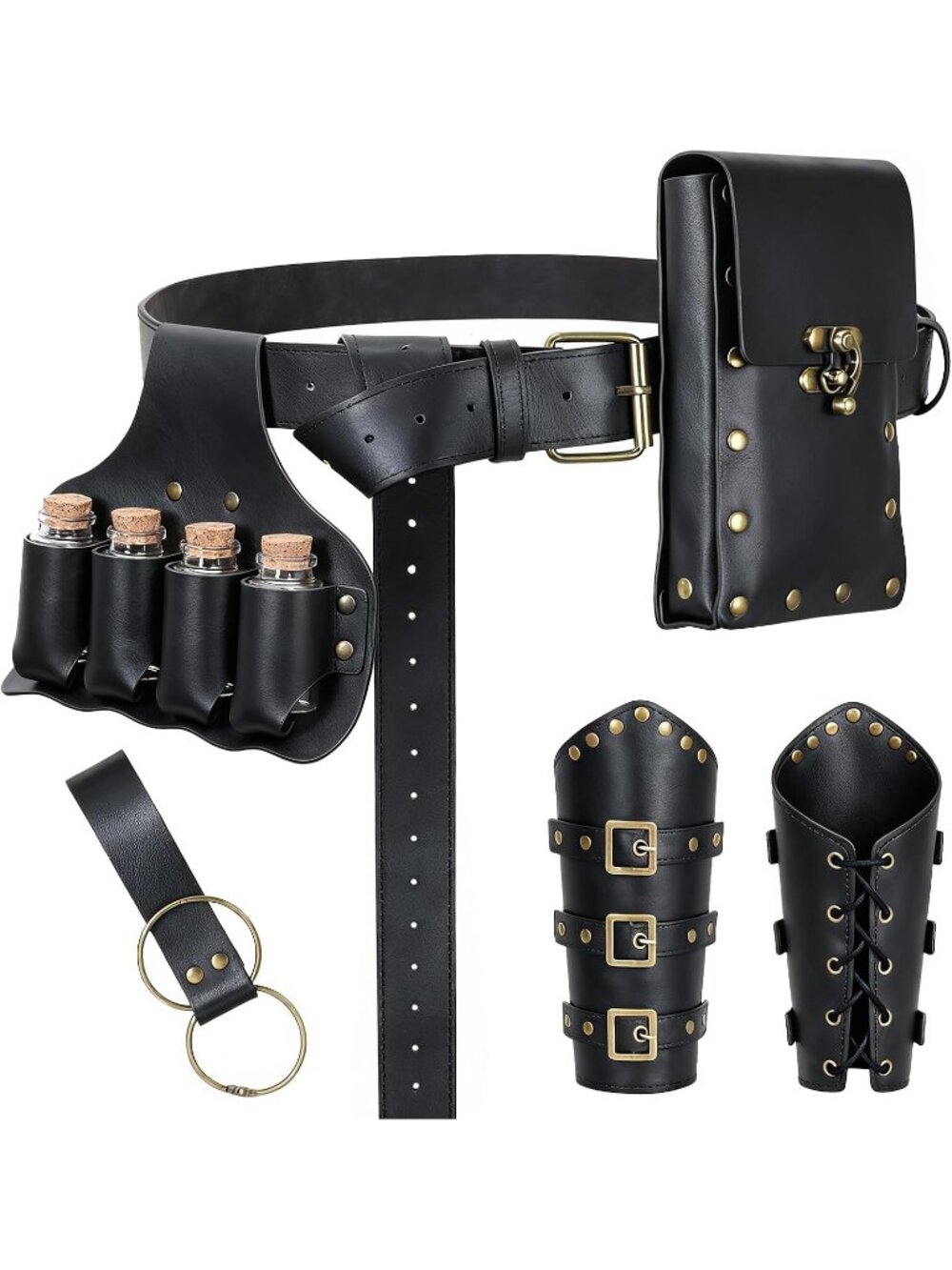 Renaissance Black Belt Pouch Set Studded Leather Bracers, & Drawstring Bag